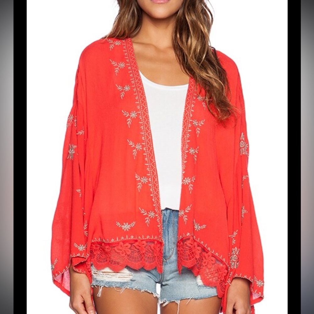 FREE PEOPLE Embroidered Kimono Jacket in Fire Red Combo - Msrp $128